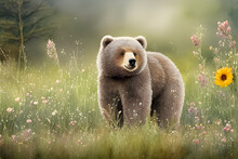 Brown Bear Cub With Flowers, Generative Ai