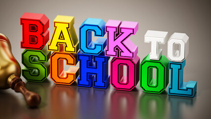 Back to school text and school bell on reflective surface. 3D illustration