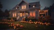Night view of a house with halloween decoration and pumpkins