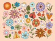 © nastyasklyarova - Groovy flowers vector set, retro wildflowers clipart, moths and lady bug vector illustration