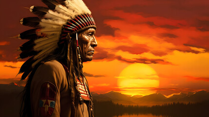 native american indian chief at sunset art,