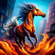 Illustration created by AI Generator of a fire horse with a big horsehair
