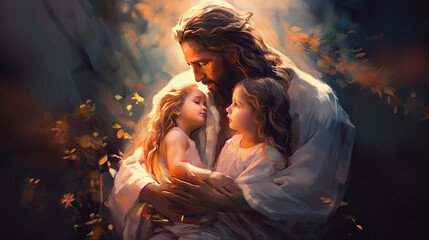 jesus and child, biblical illustration, generative ai.