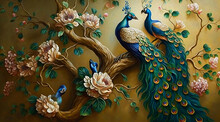 3D Wallpaper , Oil Painting Tree Branch With Flowers , Oil Painting Two Peacock With Small And Large Butterflies.