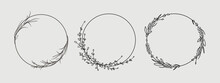 Lavender Line Art Set On Gray Background. Lavender Wreath Flowers Tattoo. Wedding Design Elements Outline. Wedding Circle Border Vector