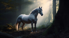 White Horse In Forest With Spot Light Generative Ai