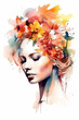 Watercolor portrait of a woman with flowers on her head, summer fashion illustration. Ai generated