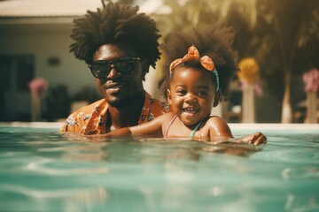 Wall Mural - Happy afro american baby playing in swimming pool during summer vacation