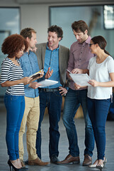 Poster - Teamwork, discussion or business people with ideas in meeting for brainstorming as a group in office. Diversity, collaboration or employees networking or planning with notes or documents in workplace