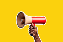 African American Persons Hand Holding An Announcement Megaphone. Graphic Cut Out Style