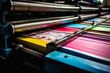 Machine printing colored newspaper, offset printing press, printing in progress. Generative AI