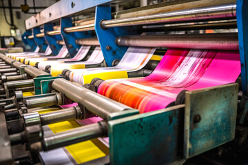 Machine printing colored newspaper, offset printing press, printing in progress. Generative AI