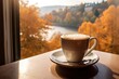 Leinwandbild Motiv a hot mug of coffee overlooking the autumn landscape outside the window. ai generative