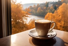 a hot mug of coffee overlooking the autumn landscape outside the window. ai generative