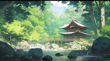 Japan Temple, Forest, Waterfall, River, Calm, Anime Style