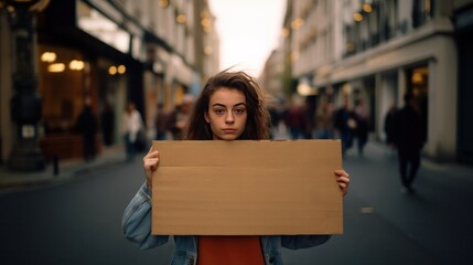 Young woman holding blank sign in hands standing on the street.