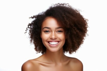 Canvas Print - Beauty portrait of a pretty young African woman on a light background with selective focus and copy space. AI generated