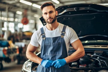 Wall Mural - Auto repair master. Background with selective focus and copy space. AI generated, human enhanced