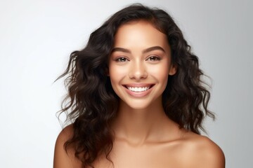 Canvas Print - Beauty portrait of a pretty young Mexican woman on light background with selective focus and copy space. AI generated