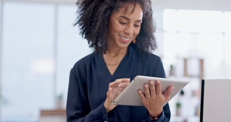 Fototapete - Tablet, woman and creative writer for business in office, working and typing email in startup. Technology, smile and African professional copywriter on internet for research, web app and reading.