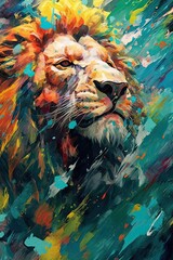 Wall Mural - lion  form and spirit through an abstract lens. dynamic and expressive lion print by using bold brushstrokes, splatters, and drips of paint. lion raw power and untamed energy