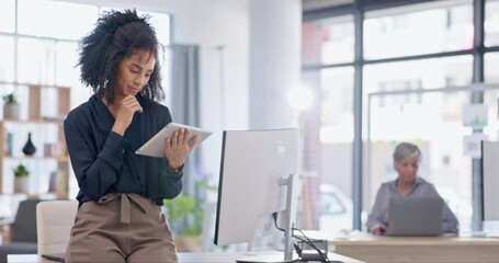 Fototapete - Tablet, woman and creative writer in office for business, working and typing email in startup. Technology, smile and African professional copywriter on internet for research, web app and lens flare.