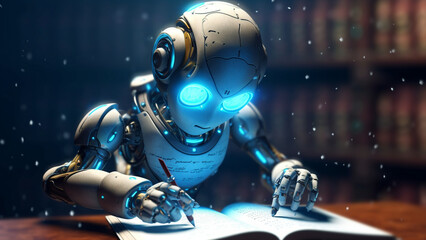 Robot writes some notes with a pen. Artificial Intelligence Technology Concept.