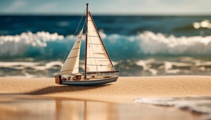 Wall Mural - Sailboat on Beach with Ocean Waves