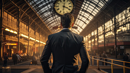 businessman in a black suit waiting for a train at the train station. back view. Generative AI