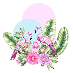 Tropical geometric composition with flamingos, banana leaves, flowers