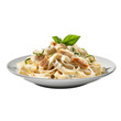 © niloo - Plate of fettucini alfredo with garnish isolated on transparent background for menu, side view, delicious Italian pasta dish food menu. generative ai