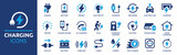 Fototapeta  - Charging icon set. Containing charge, battery, energy, electricity, charger, recharge, electric car and charging station icons. Solid icon collection. Vector illustration.