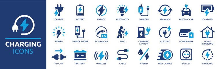 charging icon set. containing charge, battery, energy, electricity, charger, recharge, electric car 