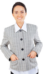 Sticker - Friendly Young Businesswoman with Hands in Pocket - Isolated