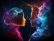 © Tatiana - Space starry silhouette of a young man and woman who stand in an embrace and look into each other's faces, close-up and profile view. Generative AI
