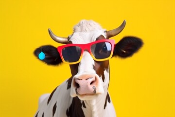 Wall Mural - colourful face animal head sunglasses character portrait cow funny cute. Generative AI.