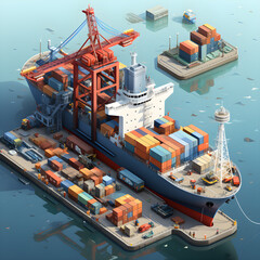 isometric 2D illustration of cargo ship docked at bustling port, containers being loaded, unloaded by cranes and workers. AI Generated, Generative AI