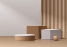 Realistic 3D Cream Cube And Brown Wood Cylinder Pedestal Podium Set In Abstract Background. Wall Minimal Scene Mockup Cosmetic Products Stage Showcase, Promotion Display. Vector Geometric Platforms.