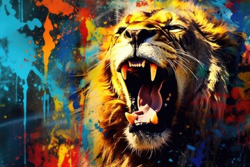 Wall Mural - lion  form and spirit through an abstract lens. dynamic and expressive lion print by using bold brushstrokes, splatters, and drips of paint. lion raw power and untamed energy