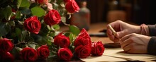 A Man's Hand Writes A Love Letter To His Girlfriend, With One Beautiful Fresh Red Rose.