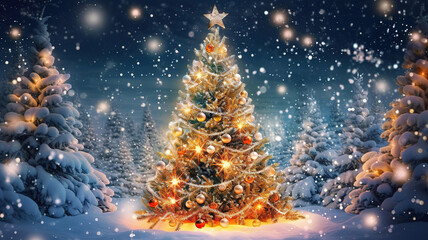 christmas background. xmas tree with snow decorated with garland lights. generative ai