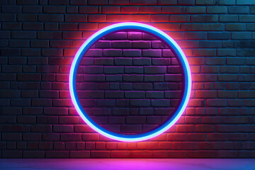 Wall Mural - Round neon banner on brick wall, Generative AI