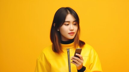 Wall Mural - asian portrait of a woman on yellow background