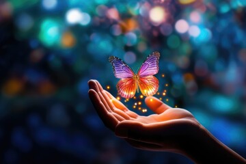 a hand gently reaches out to a vibrant and colorful butterfly, set against a mesmerizing bokeh-fille