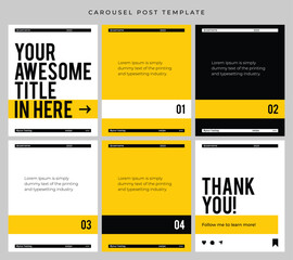 Wall Mural - Carousel post template for social media. Good for microblog, continuous slide contents Etc. Six page in portrait frame, modern simple minimalist style with white, yellow and black color theme.