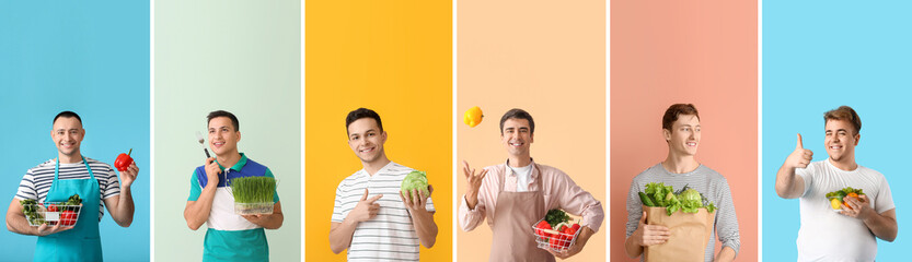 Sticker - Collage of young men with different healthy food on color background. Diet concept