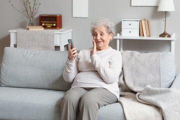 Wall Mural - Senior woman with mobile phone video chatting on sofa at home