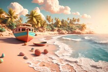  A 3D Render Of A Breathtaking Tropical Beach Scene With A Boat On The Seashore. The Scene Has A Clay-like Texture With Smooth And Soft Colors. 3D Background Landscape Of A Summer Tropical Beach.