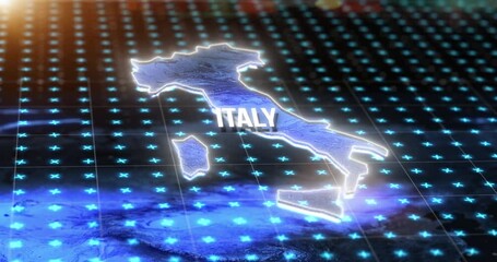 Aufkleber - Digital map, country location and hologram of Italy with blue light, gps pin and 3d rendering. Technology, data and matrix of global position on radar, virtual reality or hud simulation of coordinate