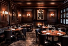 Elegant Steakhouse: Refined Dining Experience With Luxurious Dark Wood Paneling, AI